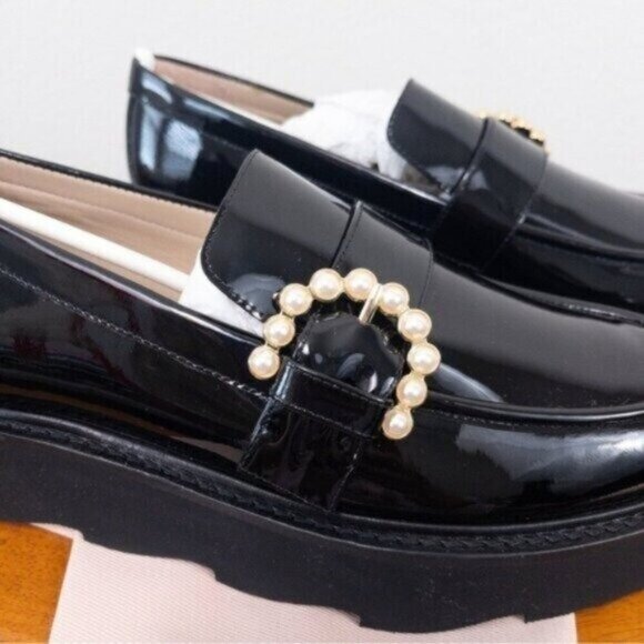 NEW Stuart Weitzman Piper Super Lift Loafer 7 Black Patent Calf Leather Platform - Picture 4 of 13